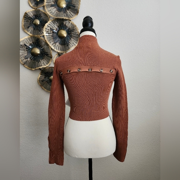 Nicholas Juliet Rib Knit Long Sleeve Cropped Funnel Neck Top in Caramel - Picture 3 of 12
